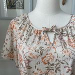 Vintage 70s Peasant Style Short Sleeve Top Keyhole Tie Floral Birds Brown Orange Size L Photo 2