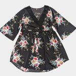 Plus Size 2X 2XL Black Floral Babydoll Mini Dress Kimono Empire Waist Photo 0