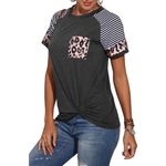 Colorblock Striped Leopard Print Casual Round Neck Shirt Short Sleeve Top Small Multi Photo 2