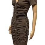 Beyove Ruched Brown Bodycon Ribbed V Neck Button Front Short Sleeve Mini Dress S Photo 3