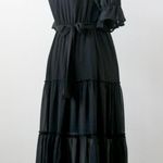 Versona Black Sheer Tiered Puff Short-Sleeve V-Neck Bow Midi Dress Extra Small Photo 5