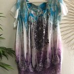 Y2k short sleeve graphic blouse with frill sleeves and ruched scrunched ends with a purple and blue color scheme Size 3X Photo 0