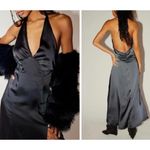 Free People  Dance Till Dawn Black Satin High Slit Plunge Halter Maxi Dress M NWT Photo 2