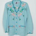 Storybook Knits Womens Birds Floral Embroidered Cardigan Size M Blue Art To Wear Size M Photo 0
