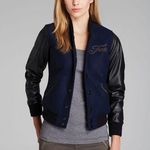 True Religion New NWT Womens Varsity Leather Jacket M Dark Navy Blue Black Wool Photo 0