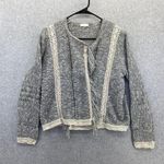 Chico's  Women's Knit Blazer Gray Crochet Marled Open Front Size 1 Fringe Hem Photo 0