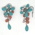 Sarah Coventry Turquoise, Coral, and Pearl Floral Dangling Drop Earrings Green Photo 0