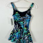 Azul NWT Blue and Green One Piece Flutter Skirt Swimsuit Tropical Print Size 8 Photo 2