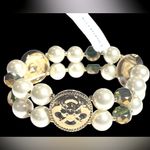 Charter Club NEW STRETCH BRACELET Imitation Pearl Gold Coin & Green Bead Two-Row Photo 3