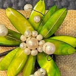 Memory Wire bracelet Boho Green and Real Pearl flower design adjustable Hippie Photo 1