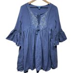 April Cornell Mini Dress Tunic Women‎ Sz S Boho Embroidered Blue Flare Sleeve Photo 0