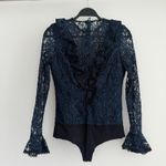 Alexis  Bodysuit Womens Small Navy Lace Ruffle Pollie Illusion Long Sleeve Top Photo 4