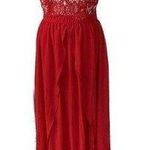 Latulle Red Lace Embroidered Applique Sheer Chiffon Flowy Front Slits Prom Dress Photo 0