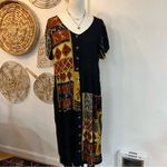 Vintage Pelican Cove 90s Boho Patchwork Rayon Midi Dress Festival Earthy Large Black Photo 2