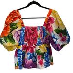 Farm Rio Rainbow Chita Empire-Waist vibrant Floral puff sleeve Blouse resortwear Photo 4