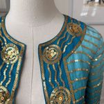 Trina Turk  Turquoise Blue 100% Silk Gold Sequin Bolero Jacket 0 XS S Photo 1