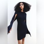 ZARA New Navy Blue Elegant Round Neck Knit Cape Dress Slit Long Sleeves Size S Photo 2