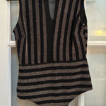 Privy  Striped Metallic Black and Gold Sleeveless Mesh Bodysuit Size Large L Photo 0