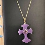 14K Gold Lavender Jade & Amethyst Cross Pendant Necklace Photo 1