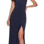 La Femme New  28079 Side wrap Jersey Gown In Navy‎ Size 2 Cutout Back Photo 0