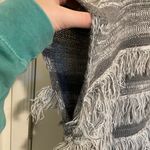 EUC New York & Company women’s gray white cowl neck fringe stripe poncho sweater Photo 2