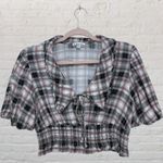 Y2K Plaid Smocked Crop Top M/L Puff Sleeve Ruffle Cottagecore NWOT Black Size L Photo 1