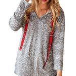 NEW NOW N FOREVER GREY LEOPARD PRINT & PLAID DRAWSTRING HOODIE Photo 0