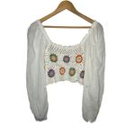 Aerie  Crochet Crop Top White Square Neck Puff Sleeve Boho Festival Size Medium Photo 5
