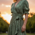 Hutch  Olive Green Floral Jacquard Wrap Maxi Dress Puff Sleeve Party Cocktail 10 Photo 0