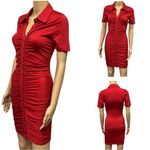 Red Ruched Bodycon Full Button Front Short Sleeve Mini Dress Womens Small Photo 1
