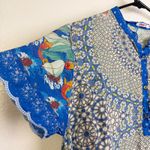 Johnny Was  Silk Tunic Top Womens Small Blue Koi Fish Floral Button Up Art Photo 3