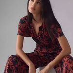 Anthropologie  The Somerset Satin Jumpsuit in Black Red Print Photo 8