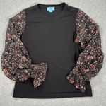 CeCe Sheer Printed Long-Sleeve Black Knit Top Women's Small Crew Neck Metallic Photo 0
