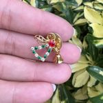 Vintage Gold Red/White/Green Rhinestone Angel w/ Bell Pin Photo 0