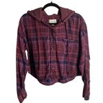 American Eagle Size S Hooded Cropped Flannel Shirt Burgandy Plaid Distressed Photo 2