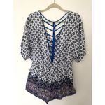 Lulus  Bright Alright Ivory Blue Print Romper Surplice Bodice Open Back Sz XL Photo 3