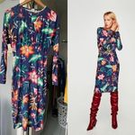 ZARA  Womens Floral Dress Midi Long Sleeve Pullover‎ Blue Size S Stretchy Photo 1