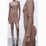 ZARA  Long Sleeve Ribbed Bodycon Henley Dress Taupe Brown Size M Medium Photo 1
