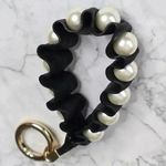 None Black Faux Leather Pearl Accent Circle Clip Hook Wristlet Keychain Photo 2