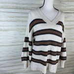 American Eagle  Neutrals Wide Stripe Oversized v Neck Knit Sweater Photo 1