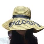 Stylish Tan Sun Hat with Black Embroidery On Vacay Straw Floppy Hat Photo 1