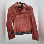 Maje  Bixente Lamb Leather Red Moto Belted Jacket in Bordeaux Size FR 40 US 10 Photo 5