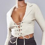 Pretty Little Thing  Stone Stretch Woven Lace Up Shirt, Size 2 Photo 2