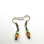 Handmade  Beaded Drop Earrings Green & Amber Glass Beads Antiqued Bronze Hooks Photo 4