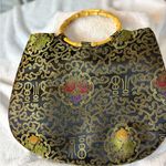 Elegant Black and Gold Satin Lotus Women's Bag with Bamboo Handle Photo 2