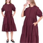 English Factory Midi Burgundy Red Dress Cotton Puffy Short Sleeves Tiered 4 EUC Photo 3