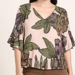 Badgley Mischka Women's Pink and Green V Neck Flutter 3/4 Sleeve Blouse Top Photo 0