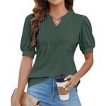 Blooming Jelly B Notched Split Neck Pleated Front Puff Short Sleeve Green Tee Top Shirt Medium Photo 3