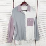 Entro  Oversized Gauze Color Block Button Up Shirt White Grey Purple Small Photo 6