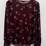 Ann Taylor Burgundy Floral Print Long Sleeve Puff Sleeve Button Cuff Top Medium Photo 0